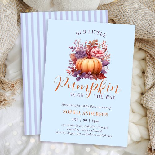 Our Little Pumpkin Is On The Way Blue Baby Shower Invitation