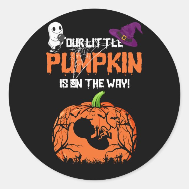 Our Little Pumpkin Is on the Way Halloween Pregnan Classic Round Sticker (Front)