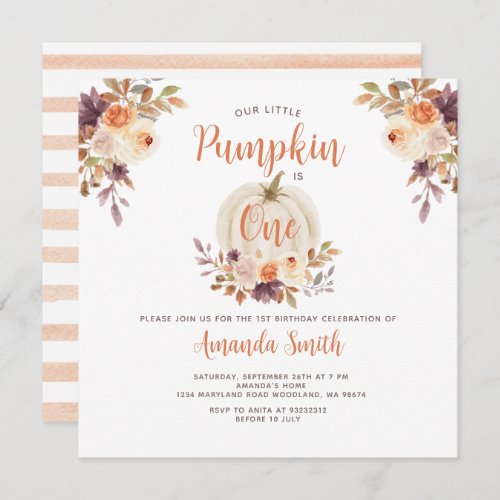Our Little Pumpkin Is One Birthday Rustic Floral Invitation