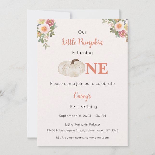 Our Little Pumpkin is One Invitation, 1st Birthday Invitation (Front)