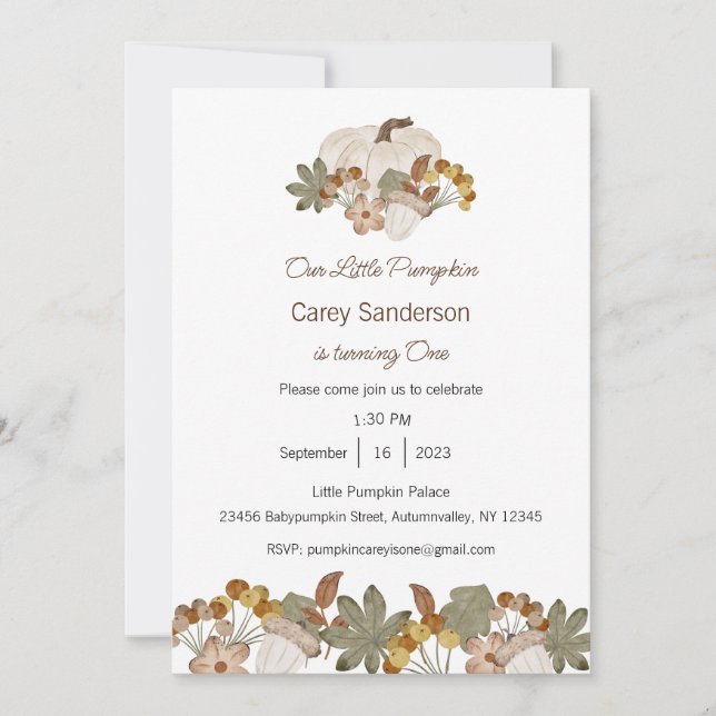 Our Little Pumpkin is One Invitation, 1st Birthday Invitation (Front)