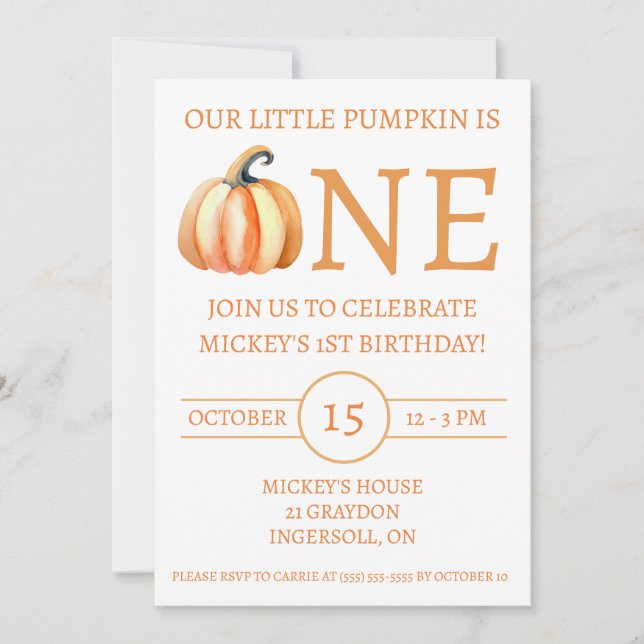Our Little Pumpkin is ONE, Kids' Birthday Party Invitation (Front)
