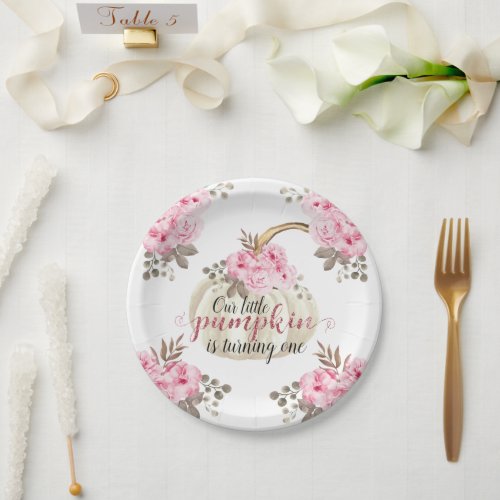 Our Little Pumpkin is One Watercolor Pink Floral Paper Plates