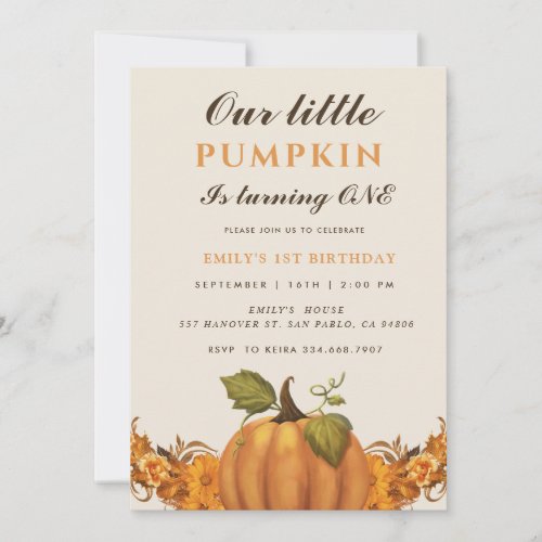 our little pumpkin is turning one 1st birthday invitation