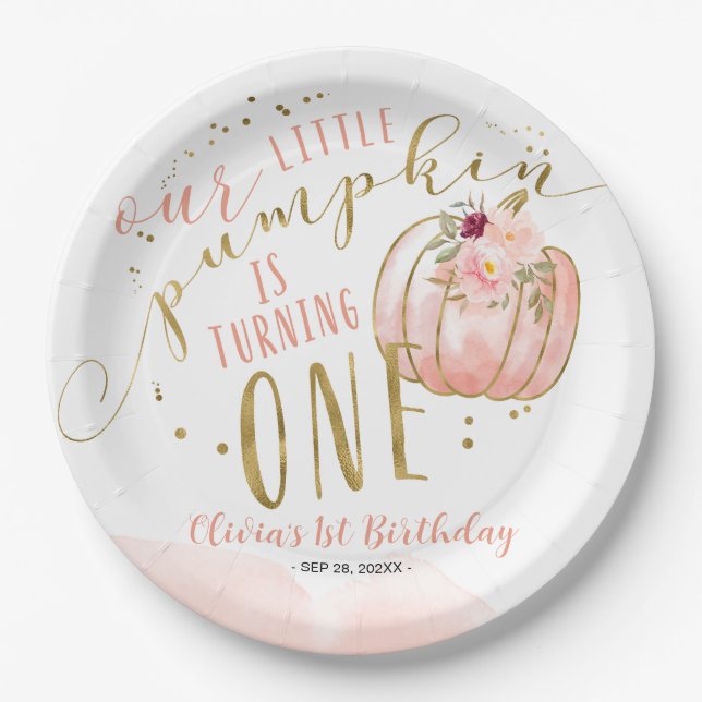 Our Little Pumpkin Is Turning One 1st Birthday Paper Plates (Front)