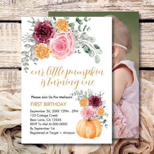 Our Little Pumpkin is turning one burgundy pink  Invitation