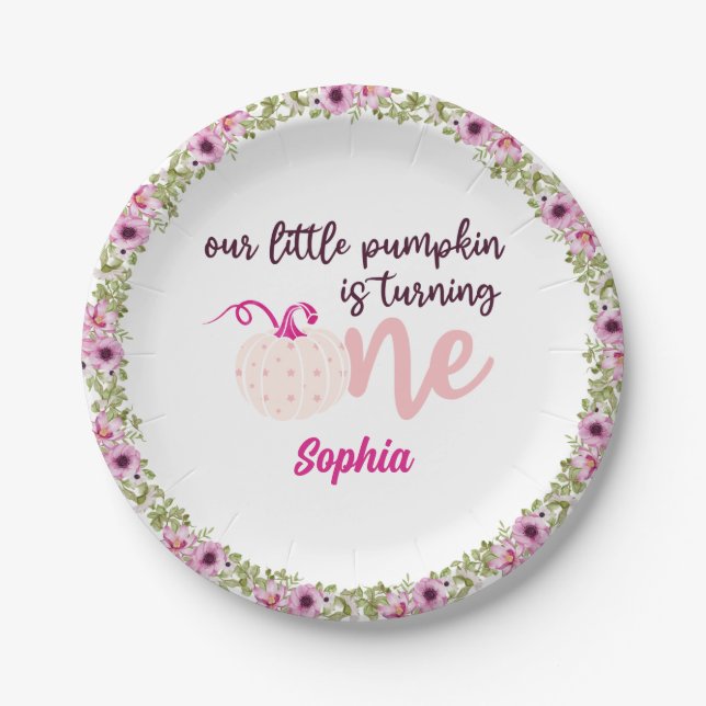 our little pumpkin is turning one Fall Autumn Paper Plates (Front)