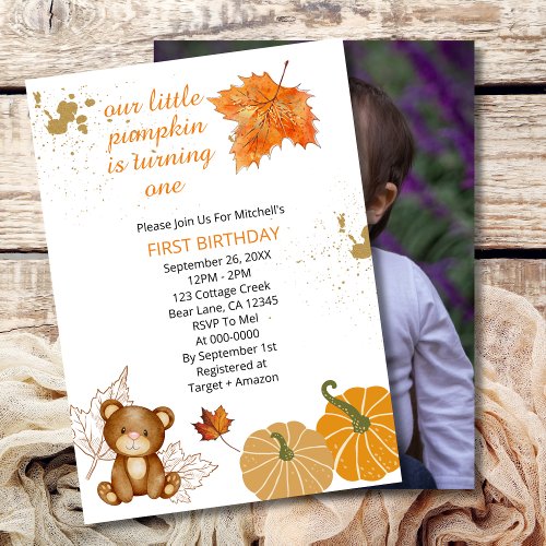 Our Little Pumpkin is turning one fall leaf photo Invitation