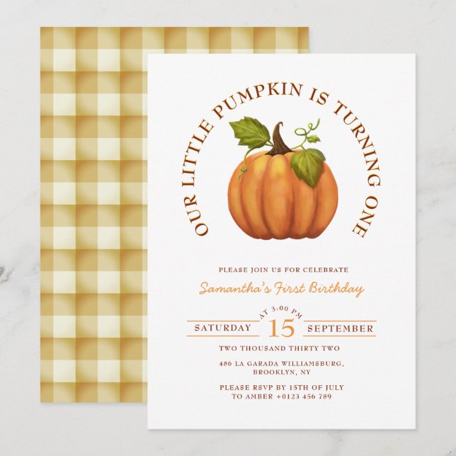 Our Little Pumpkin is Turning One First Birthday Invitation (Front/Back)