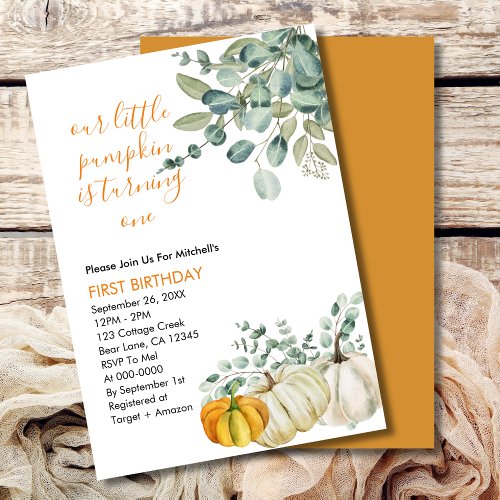 Our Little Pumpkin is turning one greenery  Invitation