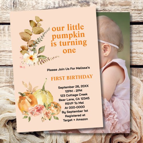Our Little Pumpkin is turning one greenery photo Invitation