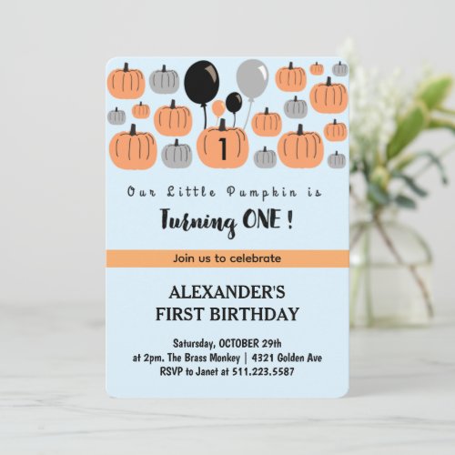 Our Little Pumpkin is Turning One Invitations Boy