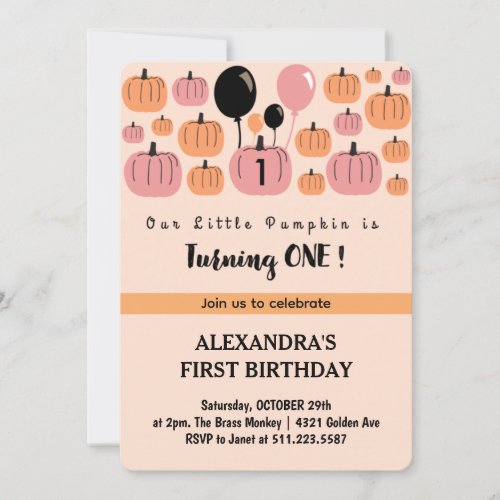 Our Little Pumpkin is Turning One Invitations Girl