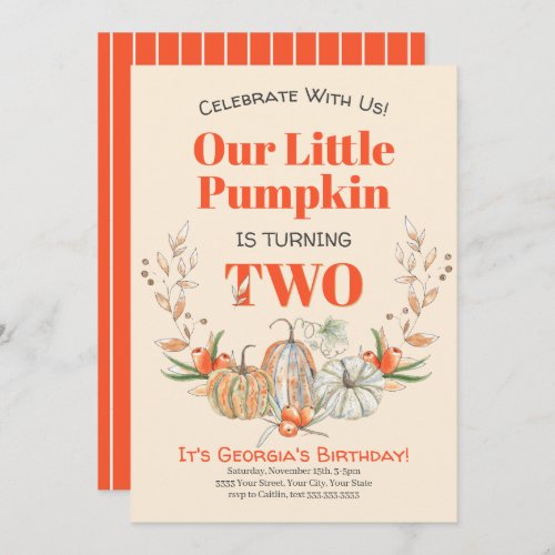 Our Little Pumpkin Is Turning Two Birthday Party Invitation
