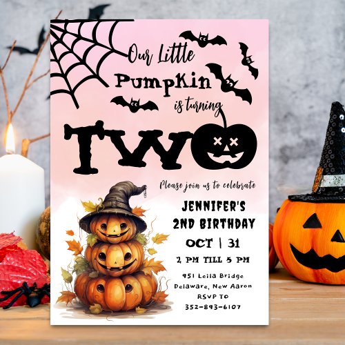 Our Little Pumpkin is Turning TWO Girl 2 Birthday Invitation