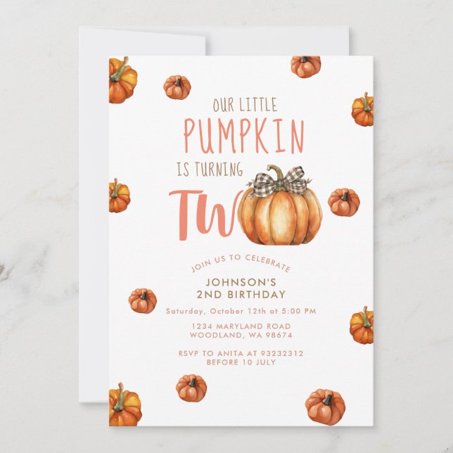 Our Little Pumpkin Is Turning Two  Invitation (Front)