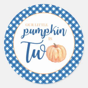 Our Little Pumpkin is Two blue plaid 2nd birthday Classic Round Sticker