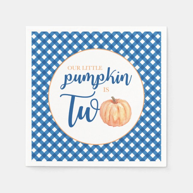Our Little Pumpkin is Two blue plaid 2nd birthday Napkins (Front)