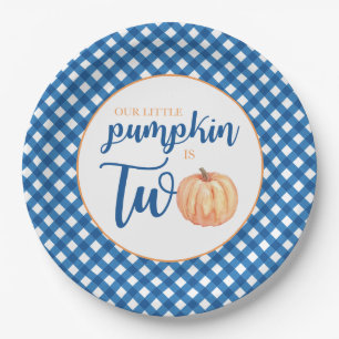 Our Little Pumpkin is Two blue plaid 2nd birthday Paper Plates