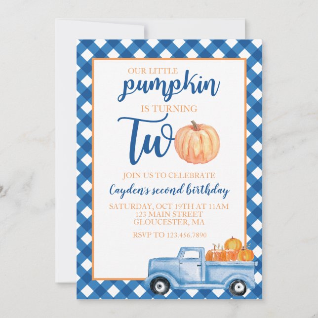 Our Little Pumpkin is Two blue truck 2nd birthday Invitation (Front)