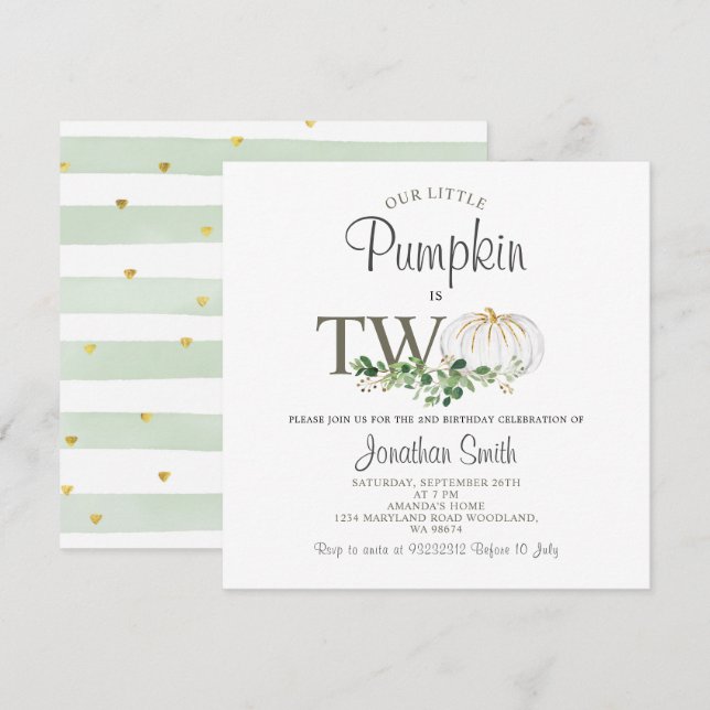 Our Little Pumpkin Is Two Greenery Floral Birthday Invitation (Front/Back)