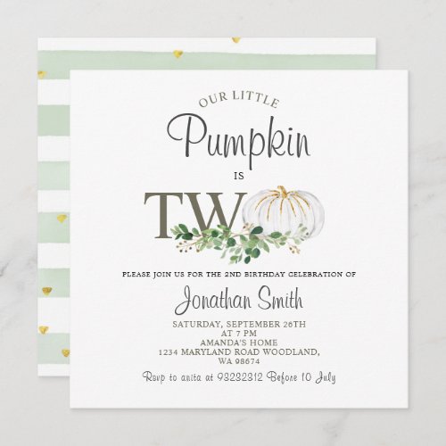 Our Little Pumpkin Is Two Greenery Floral Birthday Invitation