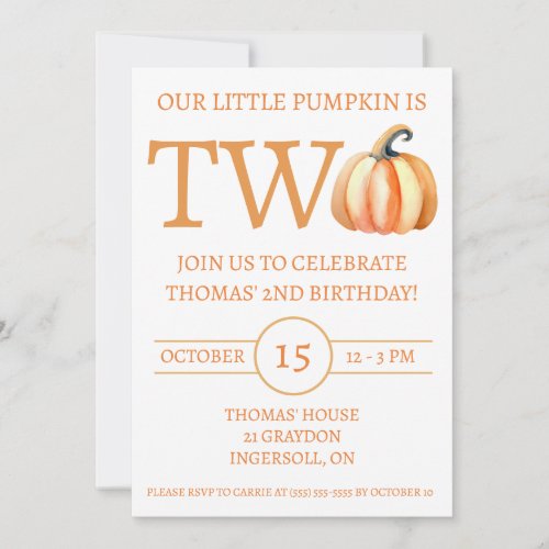 Our Little Pumpkin is TWO Kids Birthday Party Invitation