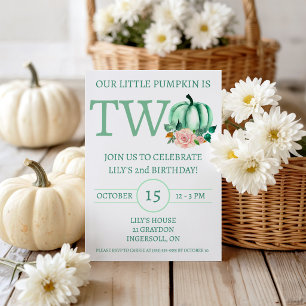 Our Little Pumpkin is TWO Mint/Pink Birthday Party Invitation