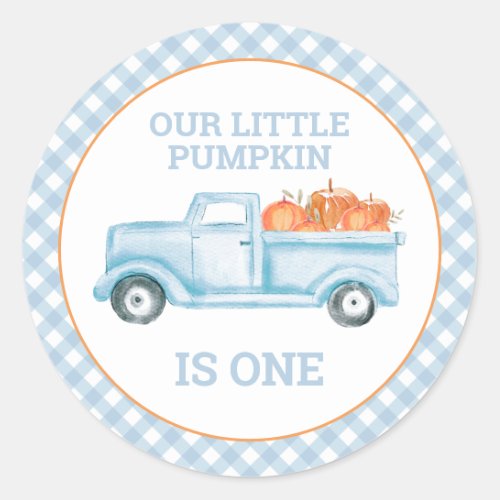 Our Little Pumpkin light blue truck first birthday Classic Round Sticker