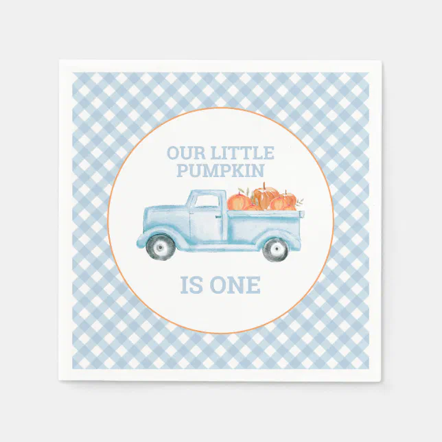 Our Little Pumpkin light blue truck first birthday Napkins | Zazzle