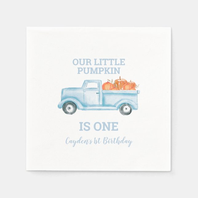 Our Little Pumpkin light blue truck first birthday Napkins (Front)