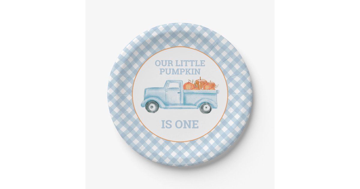 Our Little Pumpkin light blue truck first birthday Paper Plates | Zazzle