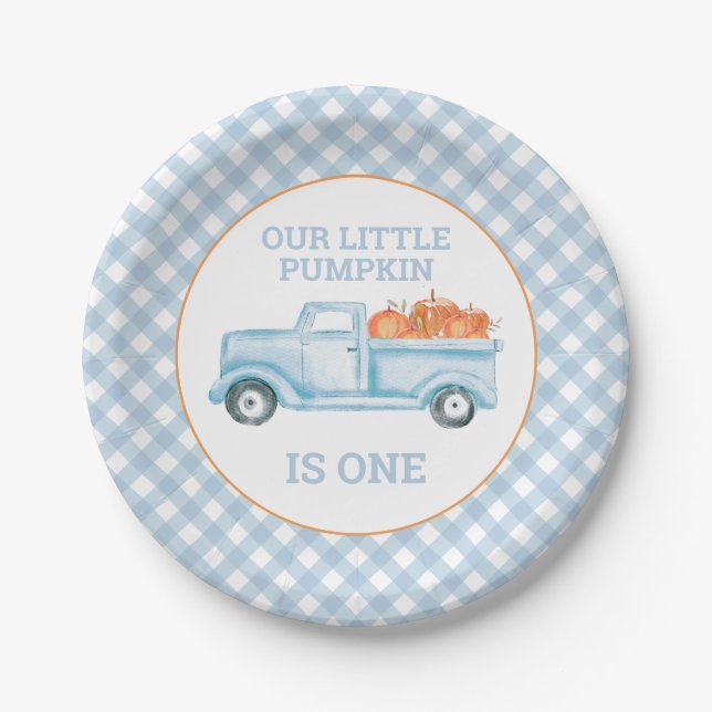 Our Little Pumpkin light blue truck first birthday Paper Plates (Front)