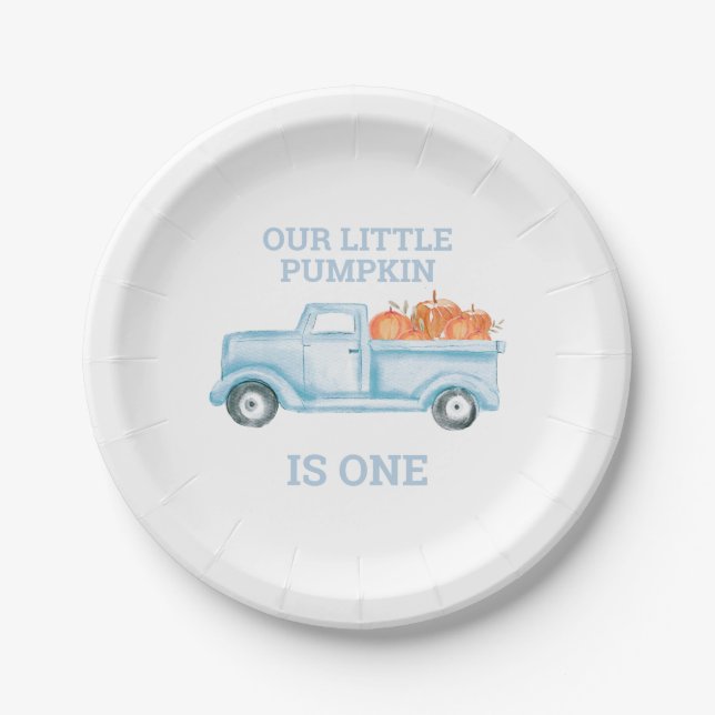 Our Little Pumpkin light blue truck first birthday Paper Plates (Front)