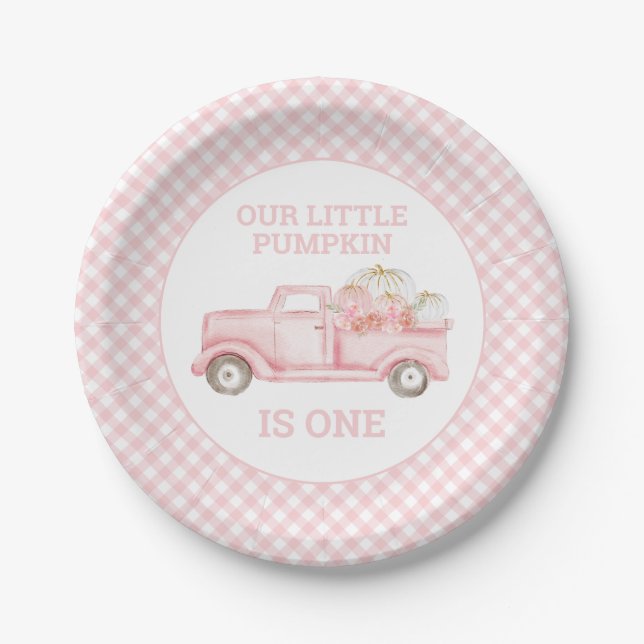 Our Little Pumpkin light pink truck first birthday Paper Plates (Front)