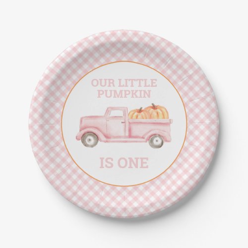 Our Little Pumpkin light pink truck first birthday Paper Plates