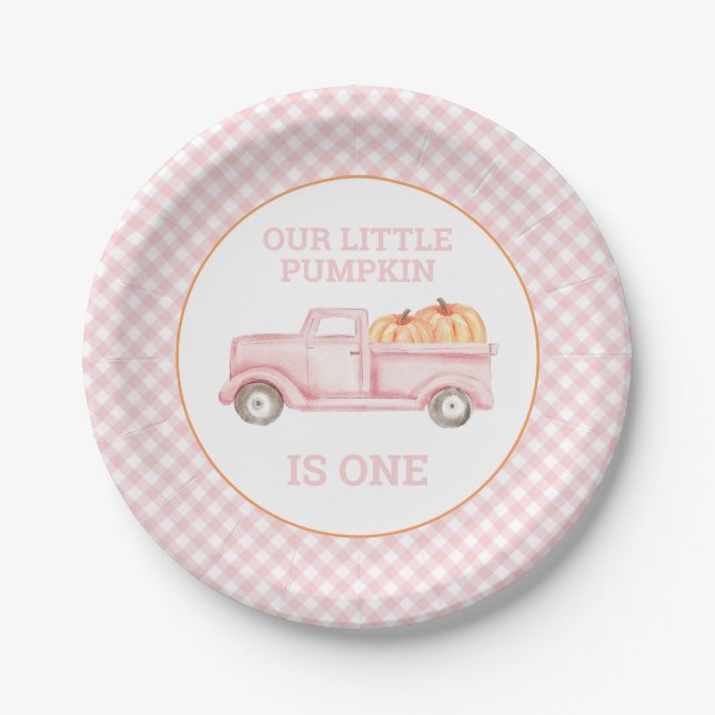 Our Little Pumpkin light pink truck first birthday Paper Plates (Front)