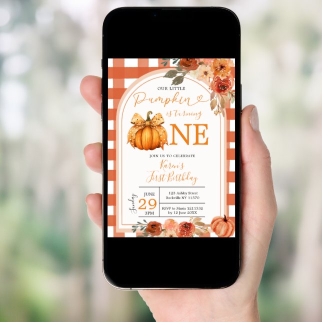 Our Little Pumpkin Orange Gingham 1st Birthday Invitation (Front Digital)