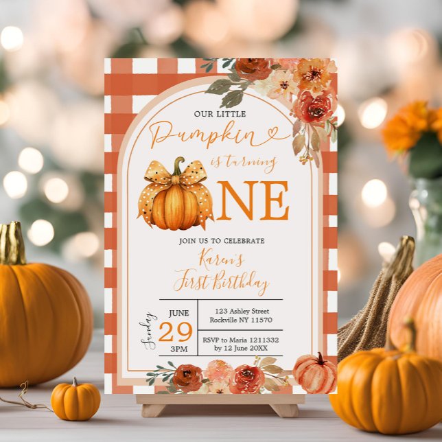 Our Little Pumpkin Orange Gingham 1st Birthday Invitation (Creator Uploaded)