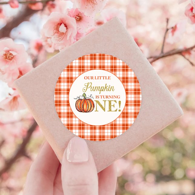 Our Little Pumpkin Orange plaid first birthday Classic Round Sticker (Creator Uploaded)