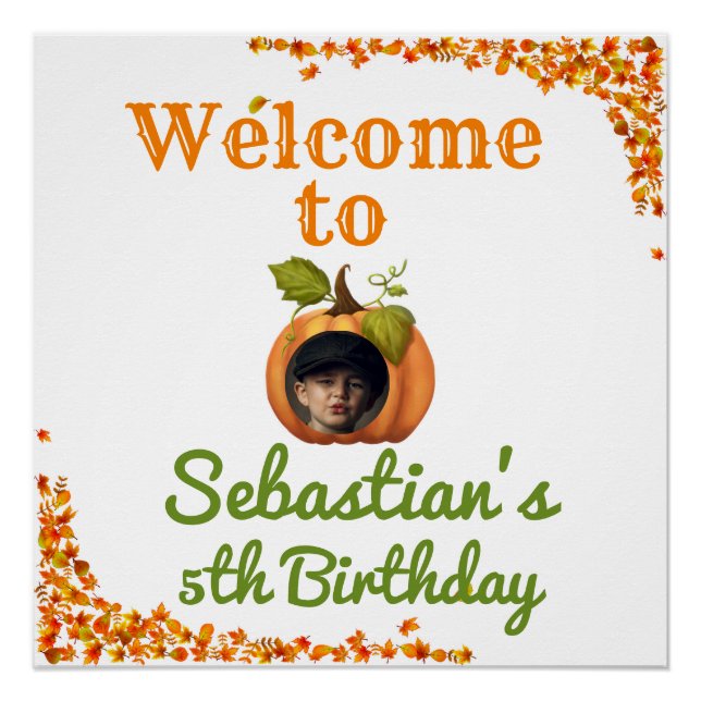 Our Little Pumpkin Photo Birthday Welcome Poster (Front)
