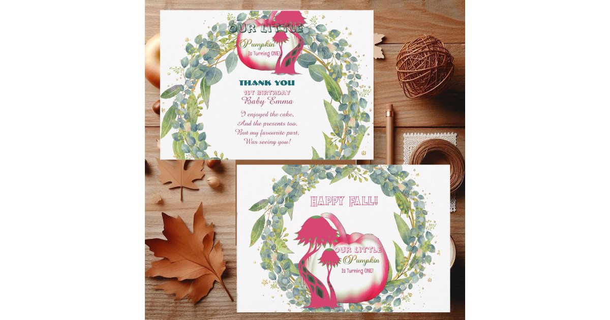 Our Little Pumpkin Pink 1st Birthday Green Wreath Thank You Card | Zazzle