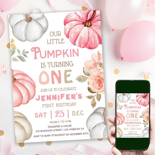 Our Little Pumpkin  Pink Bold Girl 1st Birthday  Invitation