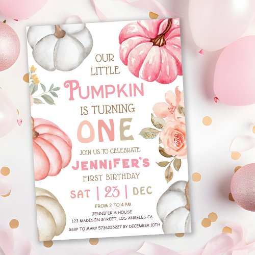 Our Little Pumpkin  Pink Bold Girl 1st Birthday  Invitation