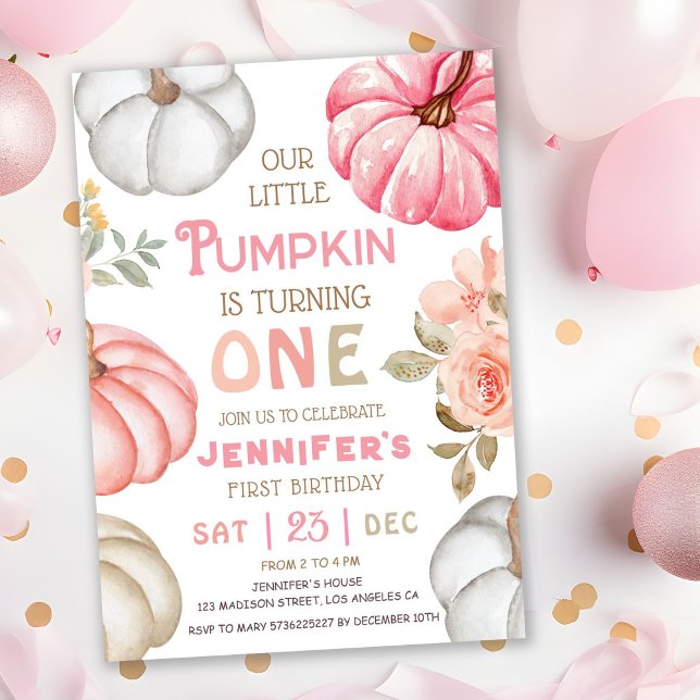Our Little Pumpkin | Pink Bold Girl 1st Birthday  Invitation (Creator Uploaded)