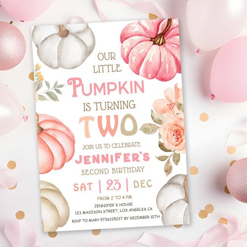 Our Little Pumpkin  Pink Bold Girl 2nd Birthday  Invitation