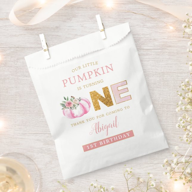 Our Little Pumpkin Pink Floral Girl 1st Birthday Favor Bag (Clipped)
