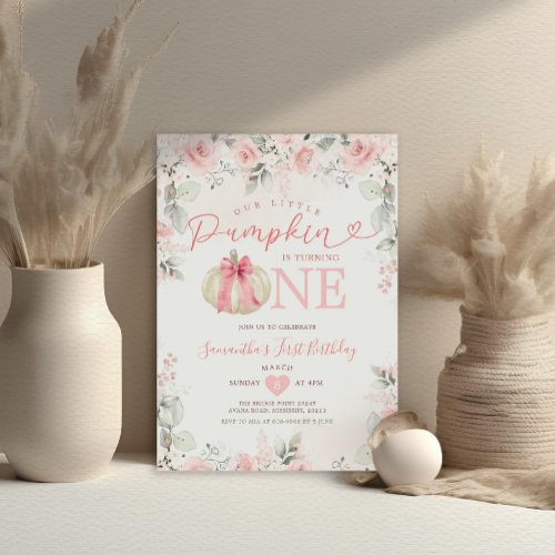 Our Little Pumpkin Pink Floral White 1st Birthday Invitation