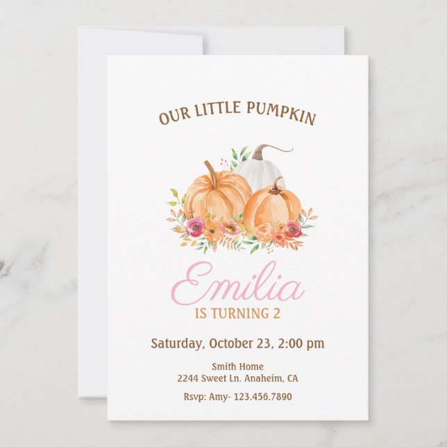 Our Little Pumpkin pink & Gold Birthday Party  Invitation (Front)
