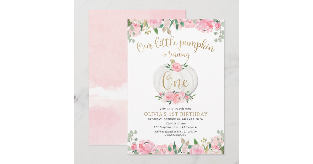Our little pumpkin pink gold floral 1st birthday invitation | Zazzle